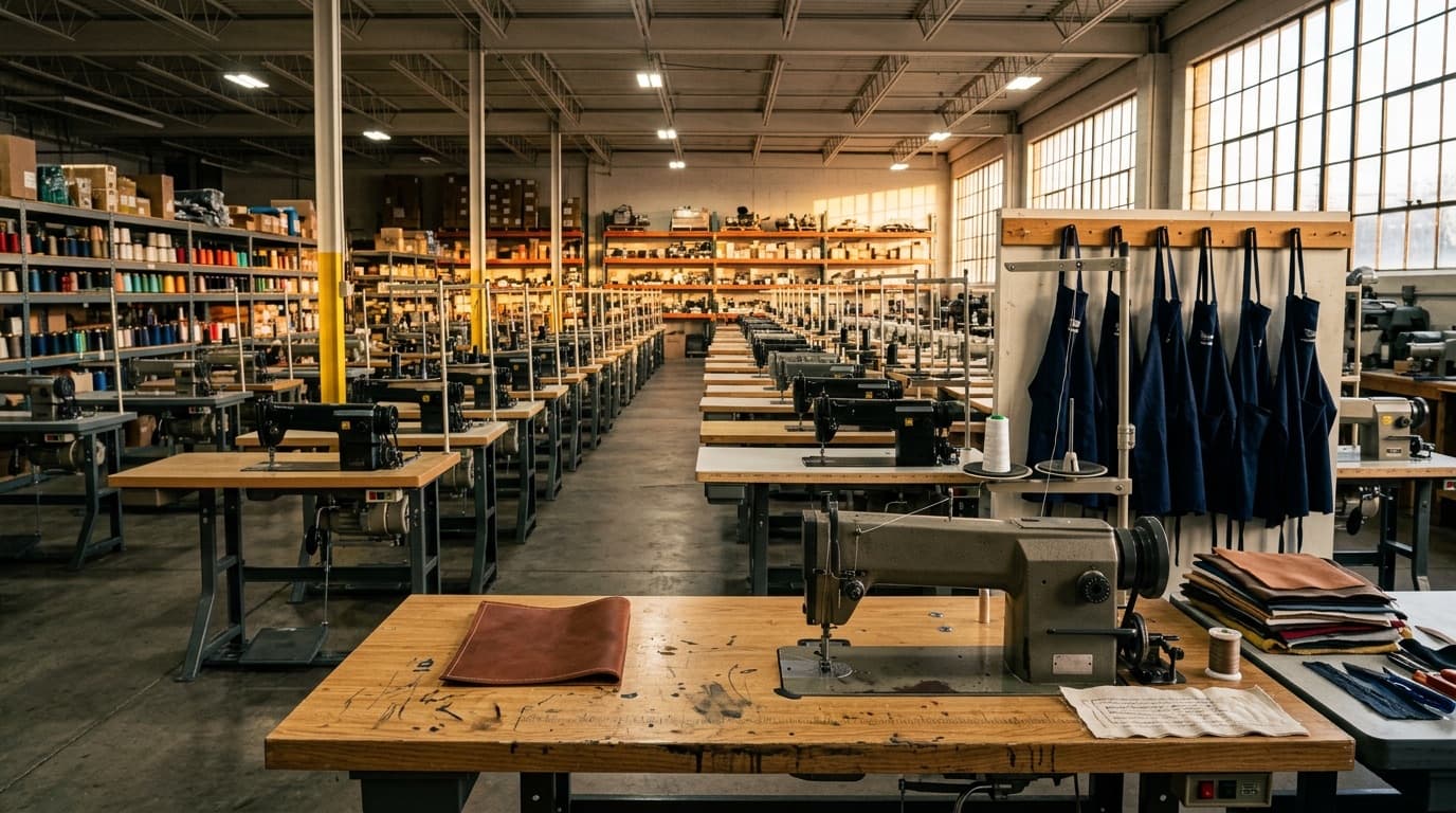 Industrial sewing equipment dealer warehouse and showroom — receding aisles of machines on display tables, navy work aprons on a peg rail, oak inspection bench in the foreground with a leather panel and a freshly assembled walking-foot machine