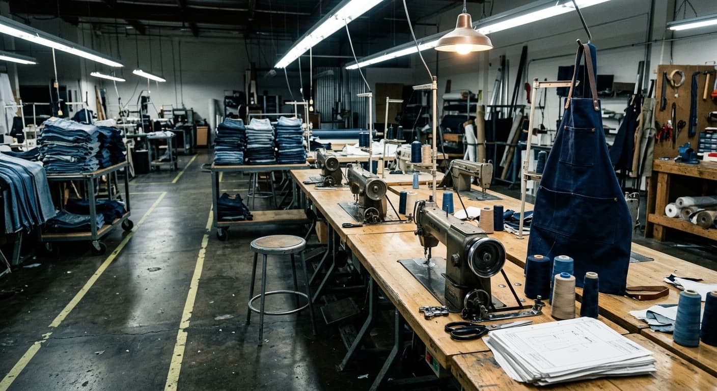 Apparel contract manufacturing line at end of shift — three industrial single-needle lockstitch machines along a long bench, stacks of cut denim panels