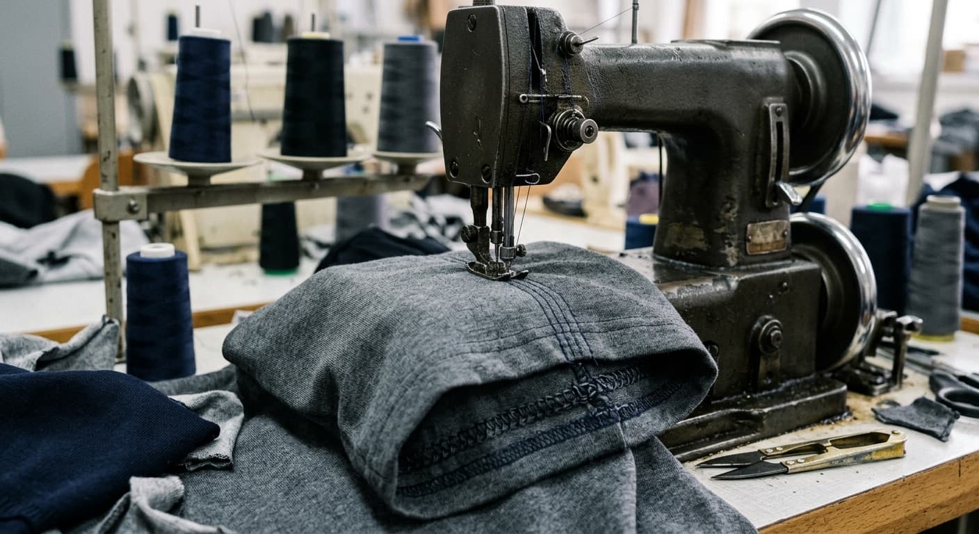 Industrial coverstitch sewing machine laying down three parallel rows on a knit jersey hem, chain stitch loop visible underneath