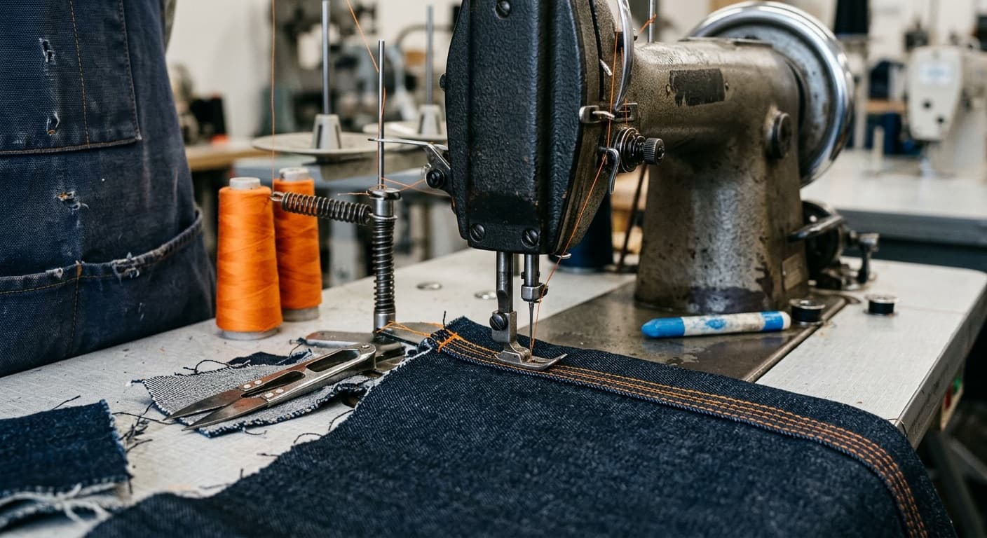 Industrial double-needle lockstitch sewing machine laying down two parallel rows of orange contrasting topstitching on indigo denim