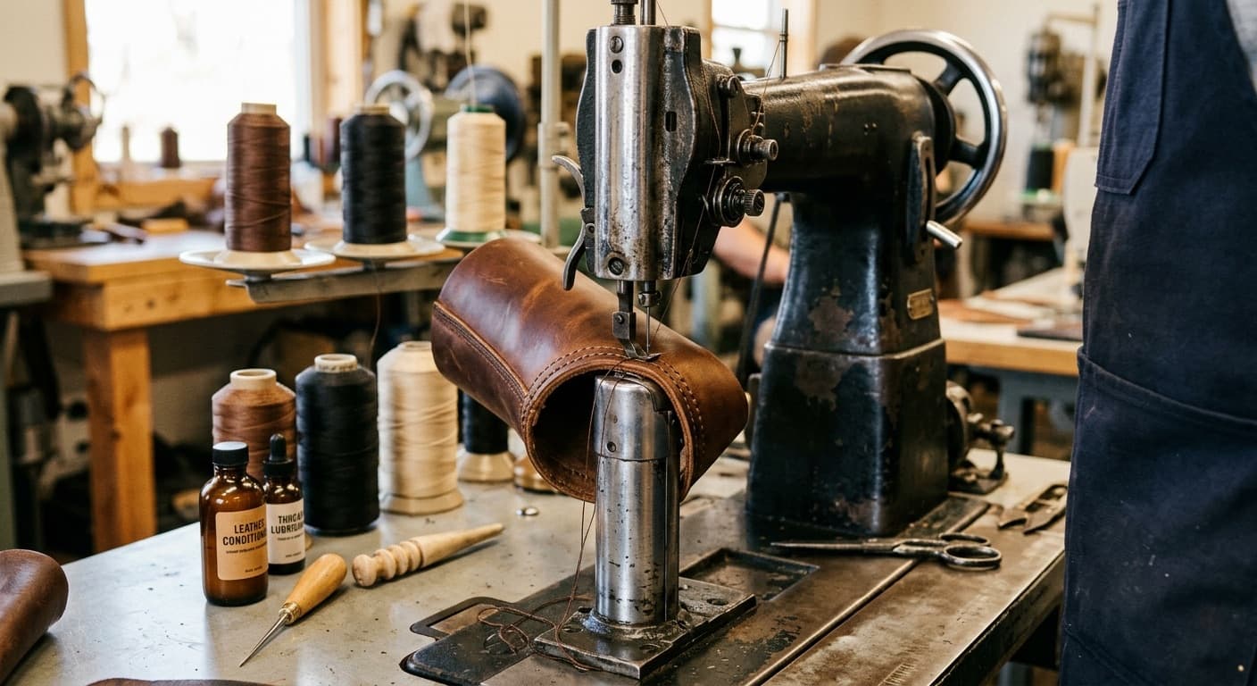 Post-bed industrial sewing machine with a leather boot shaft wrapped around the vertical post column, mid-curved-seam