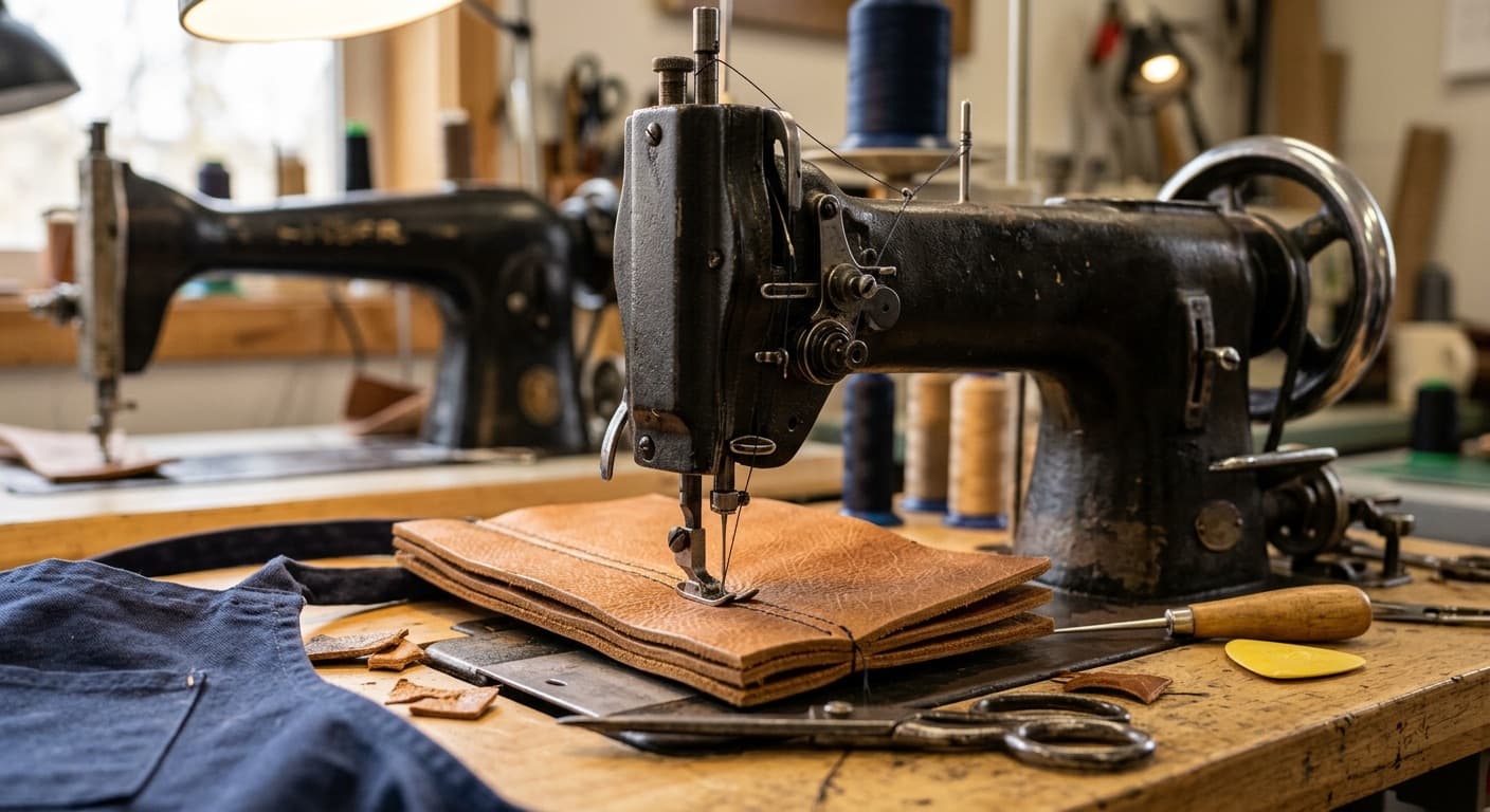 Walking-foot industrial sewing machine mid-stitch on a multi-layer leather seam, walking foot mechanism in mid-motion
