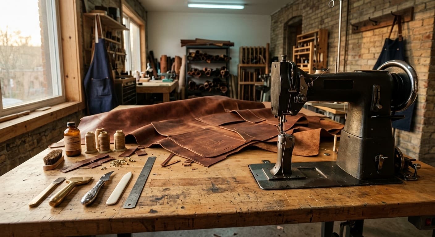 Leather goods workshop at golden hour — full-grain hide on a butcher-block worktable, walking-foot industrial sewing machine, beveler and bone folder laid out