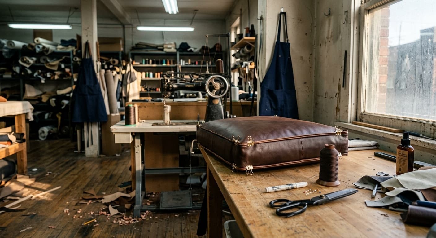 Upholstery workshop interior — leather cushion mid-construction on a maple worktable, walking-foot industrial sewing machine in the background, navy work aprons hanging on the wall