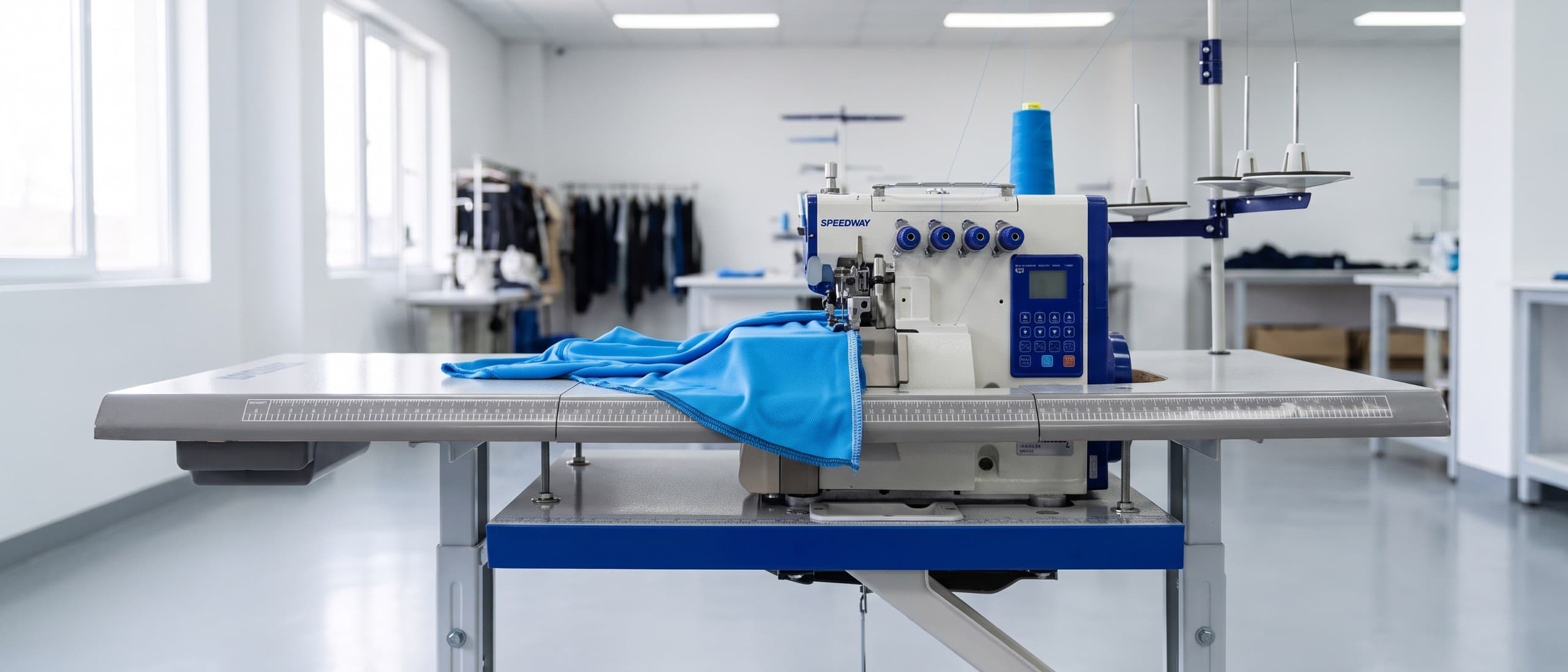 SPEEDWAY SW7-4D 4-thread overlock machine serging the edge of azure athletic knit fabric on its Speedway table