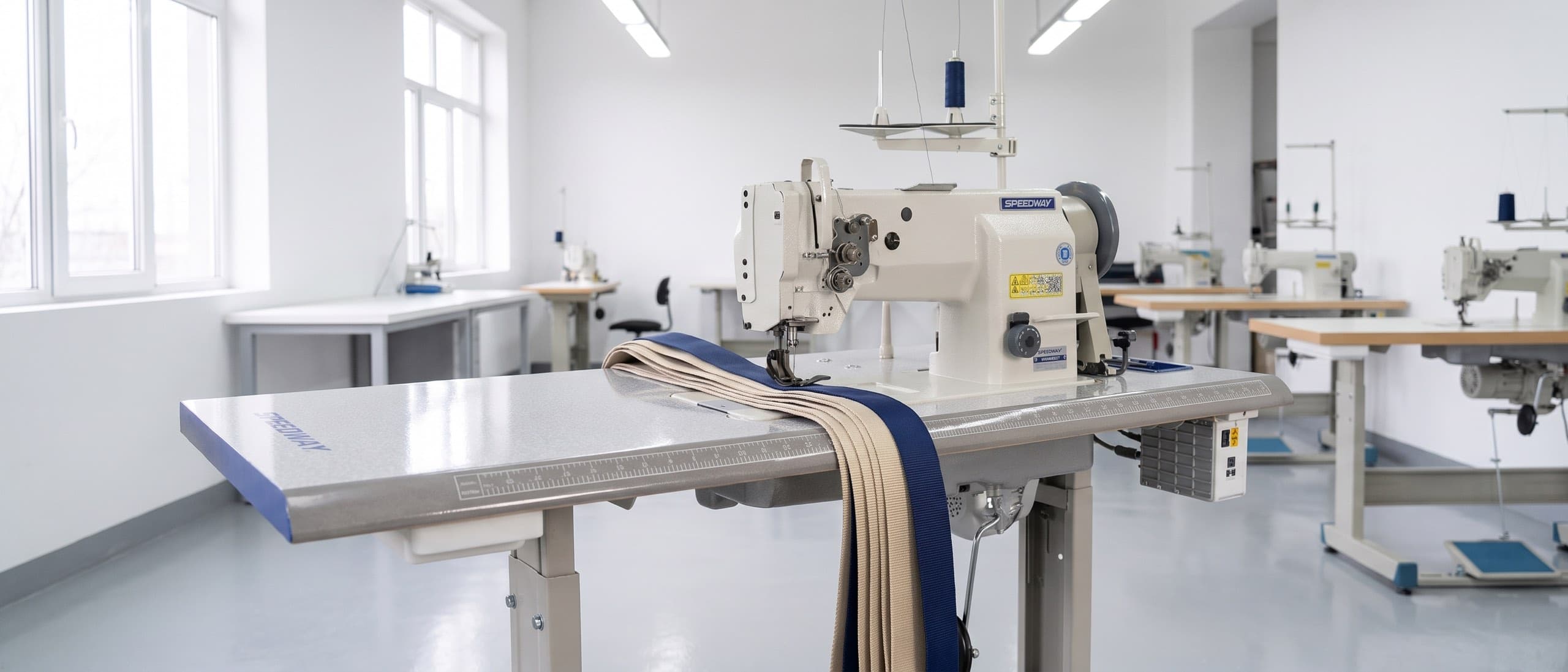 Walking-foot industrial sewing machine mid-stitch on a multi-layer leather seam, walking foot mechanism in mid-motion