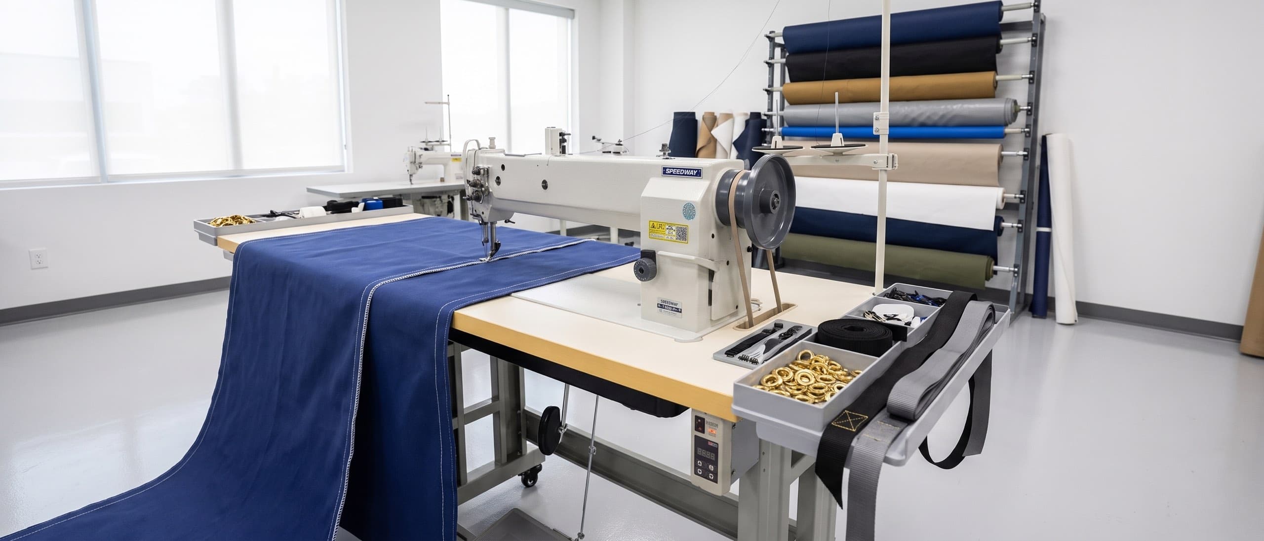 Marine canvas fabrication workshop — navy Sunbrella canvas mid-seam on a long-arm walking-foot industrial sewing machine, polyester webbing roll and brass grommets on a stainless-steel worktable