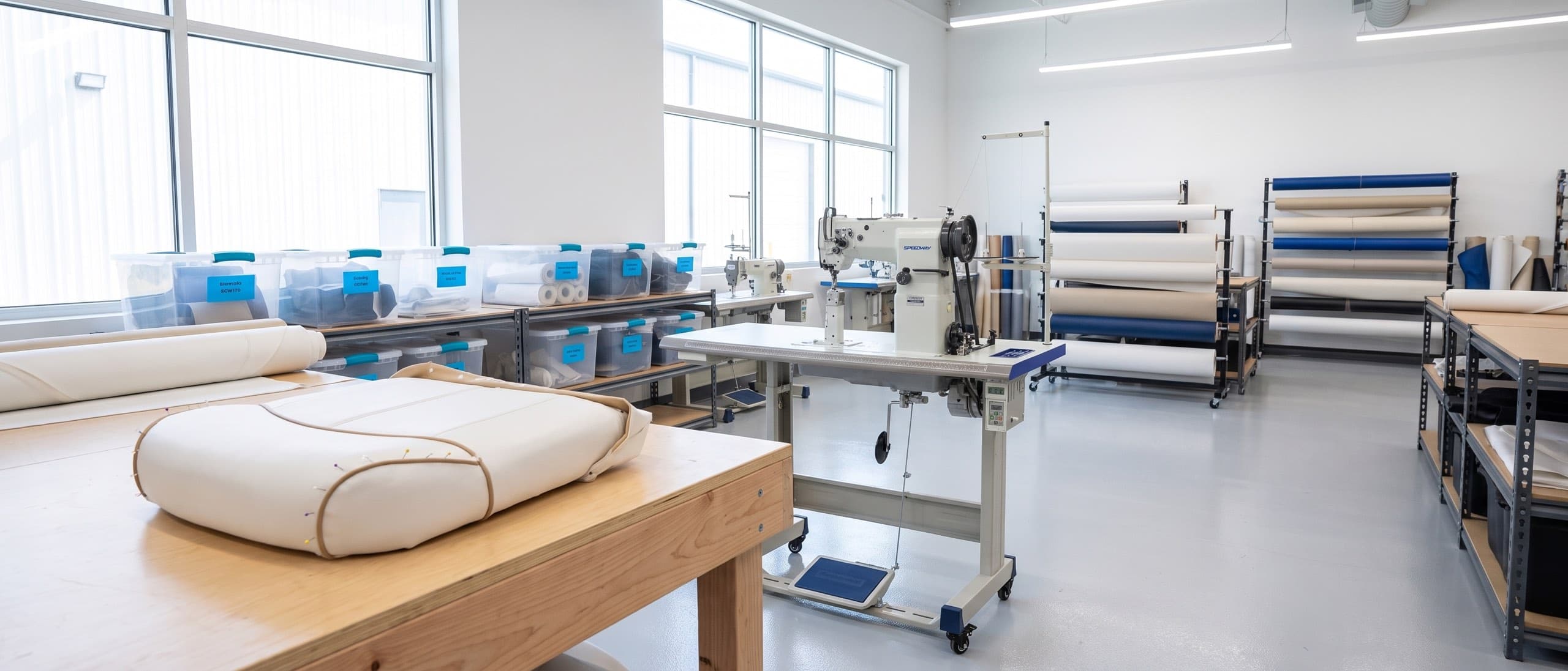 Upholstery workshop interior — leather cushion mid-construction on a maple worktable, walking-foot industrial sewing machine in the background, navy work aprons hanging on the wall