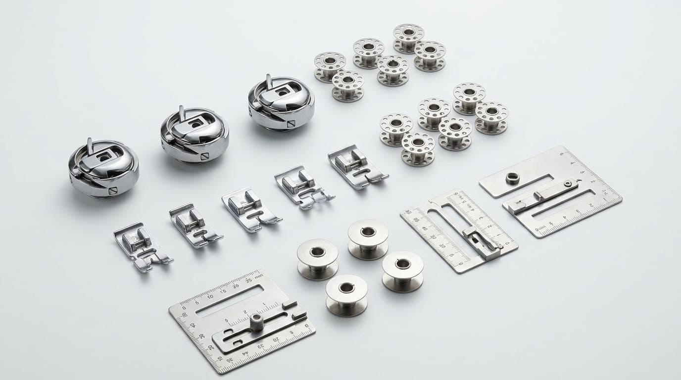 Genuine Speedway industrial sewing-machine parts — rotary hooks, presser feet, bobbins, and gauge sets — arranged on a clean light surface